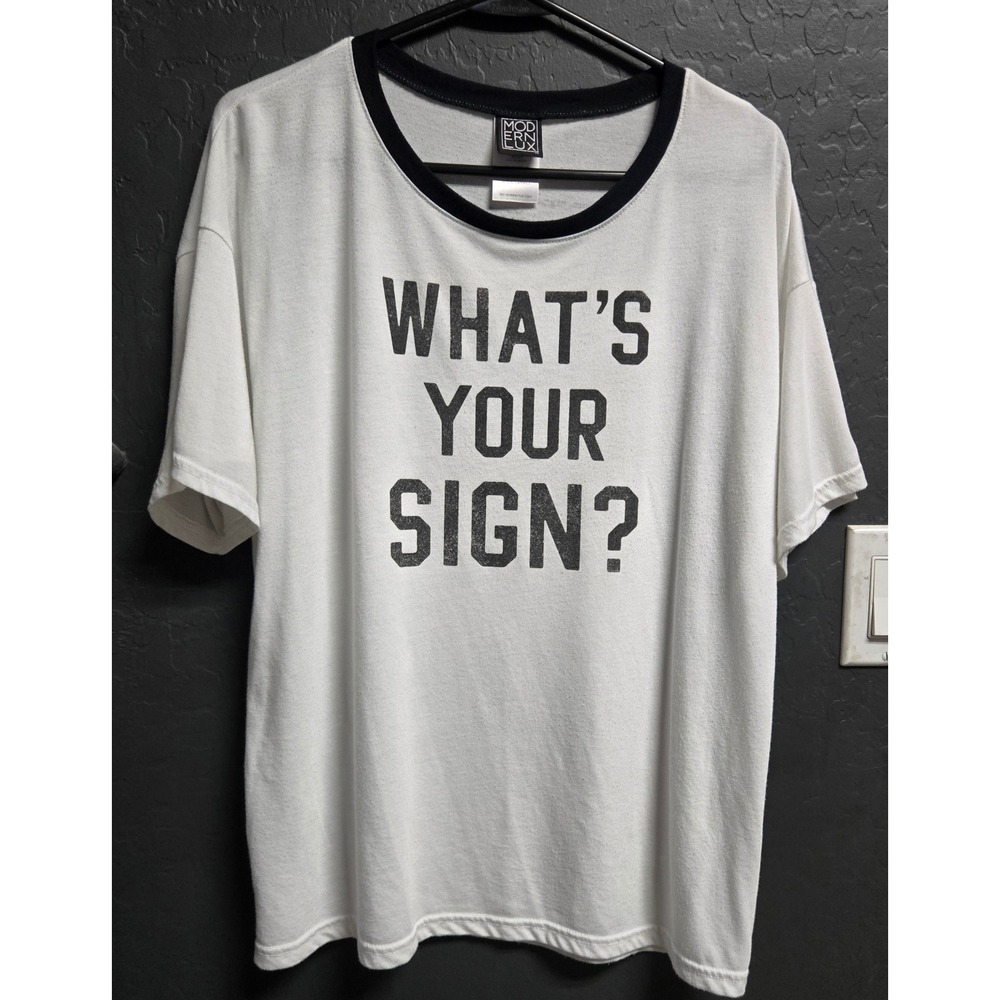 Modern Lux Whats Your Sign Zodiac Astrology Ringer Tee White Black Graphic Shirt